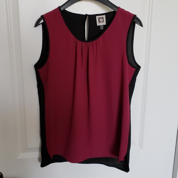 Anne Klein Burgundy & Black Pleated Blouse - Picture 2 of 8